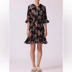 Jason Wu Silk Printed V neck Sculptural Ruffle Dress Black Grey Orange 10